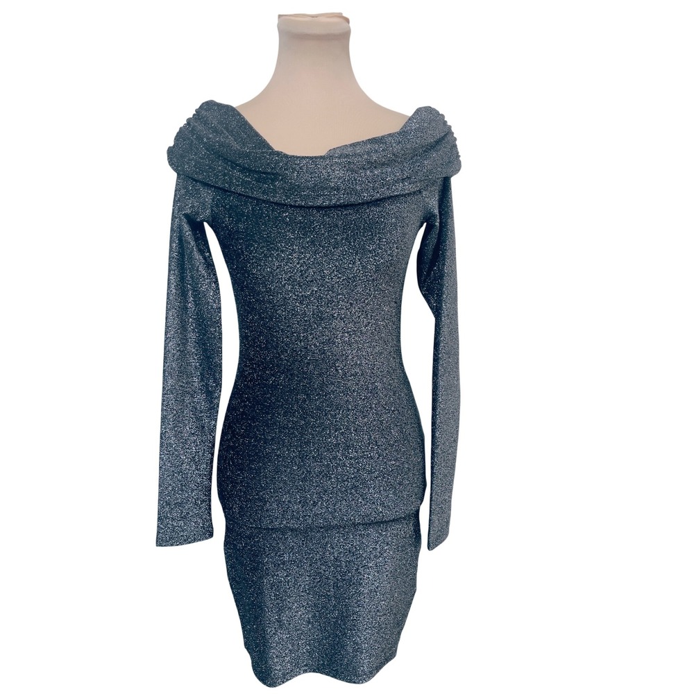 H&M Divided Women Mini Dress XS Silver Glitter Off Shoulder Long Sleeve